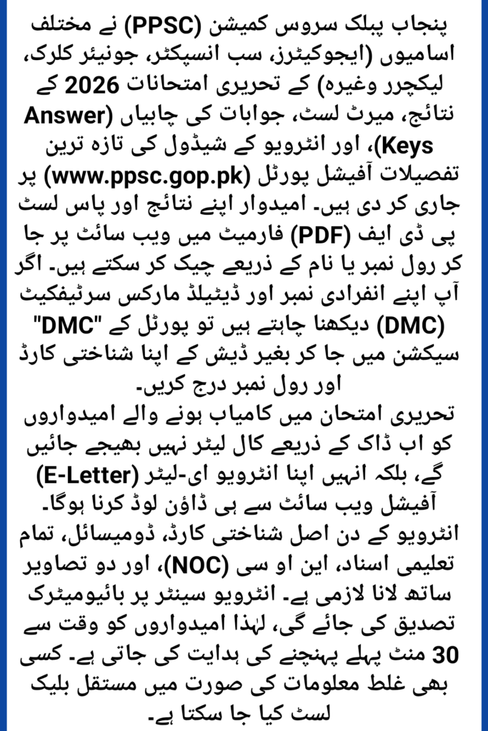 PPSC Written Test Result 2026